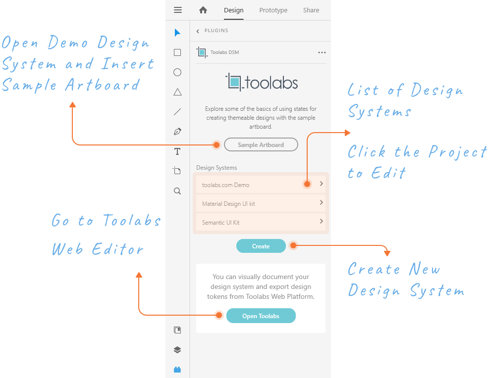 Toolabs DSM Plugin for Adobe XD Design System Project List and Create New Design System