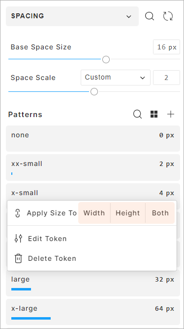 Spacing tokens can be applied to width, height or both properties of selected objects.