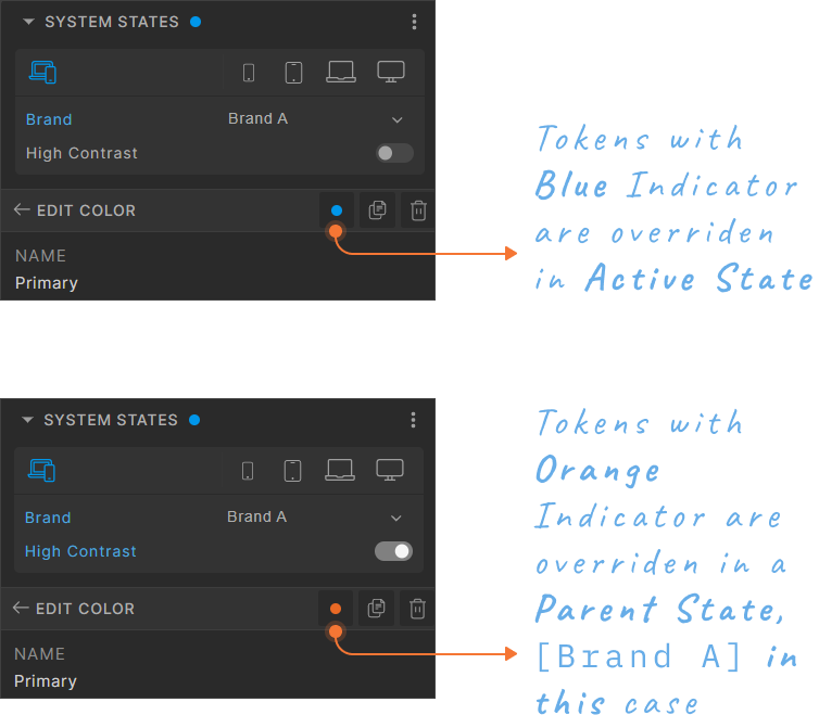 Tokens overridden in the active state are marked with blue and, overridden in the parent state are marked with orange indicators.